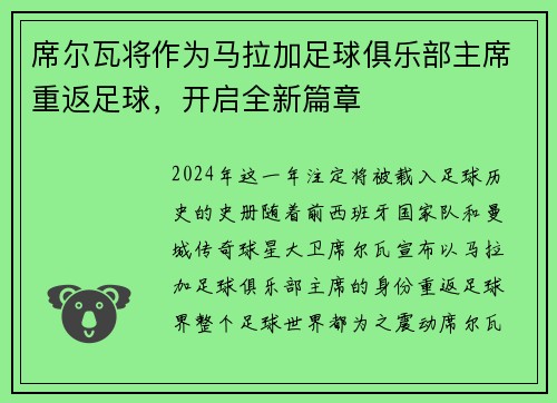 席尔瓦将作为马拉加足球俱乐部主席重返足球，开启全新篇章